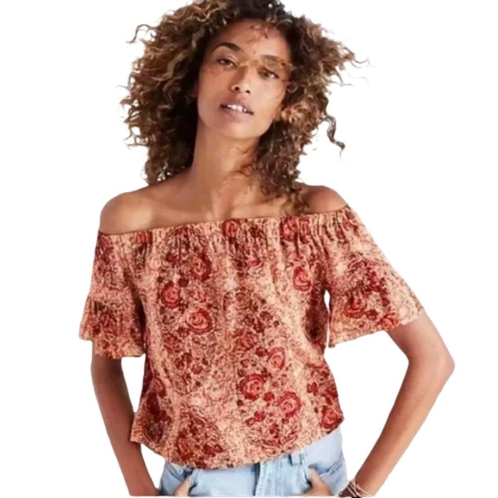 Madewell Silk Off The Shoulder Paisley Peasant Top